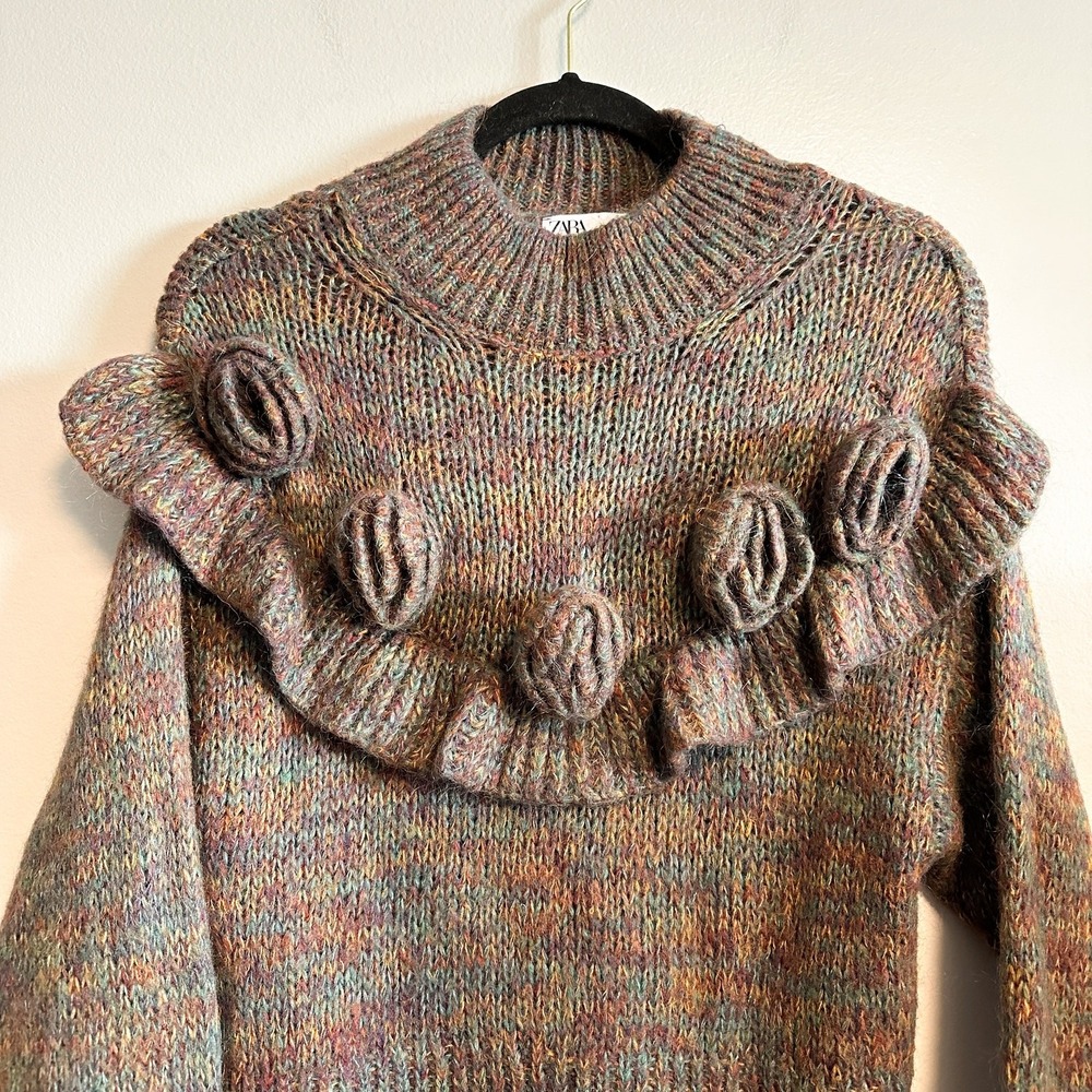 Zara Rose Appliqué Ruffle Detail Multi-Color Knit  Mohair Blend Sweater Size S - Picture 6 of 10